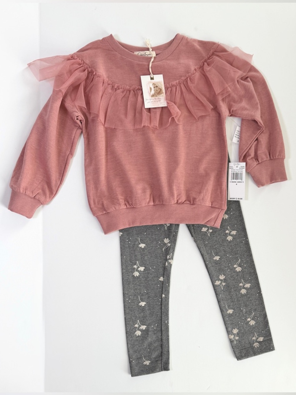 NWT Jessica Simpson Set - Mauve Pink Ruffle Sweatshirt & Floral Gray Leggings